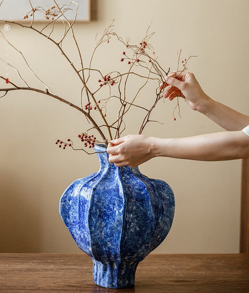 Modern Pottery Flower Vases, Handmade Water Holding Flower Vases, Centerpiece on Dining Table, Blue Ceramic Bud Vases, Tall Flower Vases on Table-Grace Painting Crafts