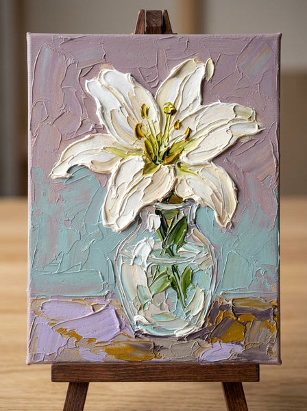 Hand Painted Canvas Art, Original Flower Paintings, Impasto Lily in Glass Vase, Original Oil Paintings, Small Canvas Artwork, Impasto Canvas Artwork-Grace Painting Crafts