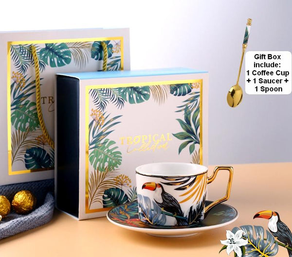 Elegant Tea Cup and Saucer, Jungle Toucan Pattern Porcelain Coffee Cups, 7.4 oz Coffee Cups with Gold Trim and Gift Box-Grace Painting Crafts