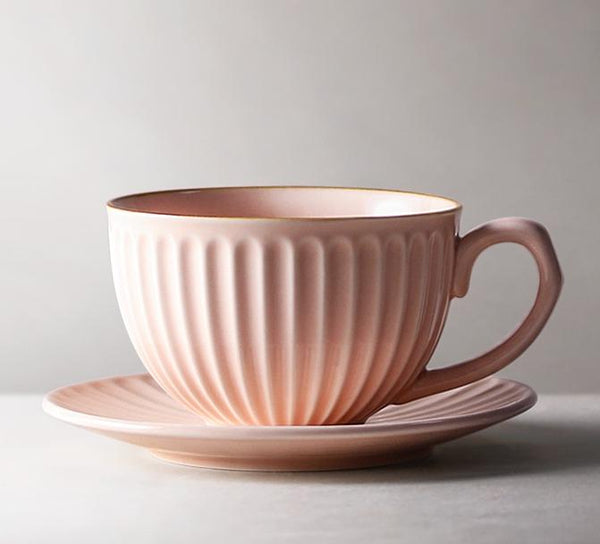 Pink Pottery Coffee Cups, Cappuccino Coffee Mug, Latte Coffee Cup, White Tea Cup, Ceramic Coffee Cup, Coffee Cup and Saucer Set-Grace Painting Crafts