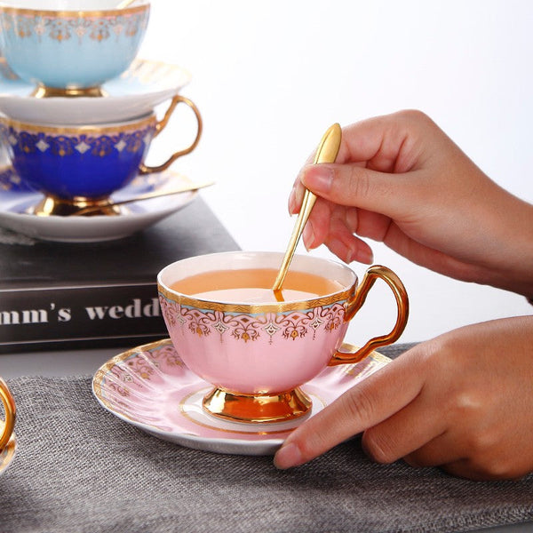 Unique British Tea Cup and Saucer in Gift Box, Pink Blue White Porcelain Tea Cup Saucer Set, Elegant British Ceramic Coffee Cups for Traditional Afternoon Tea-Grace Painting Crafts