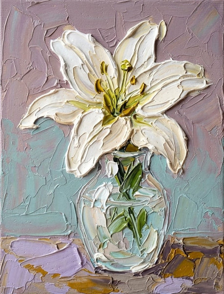 Hand Painted Canvas Art, Original Flower Paintings, Impasto Lily in Glass Vase, Original Oil Paintings, Small Canvas Artwork, Impasto Canvas Artwork-Grace Painting Crafts
