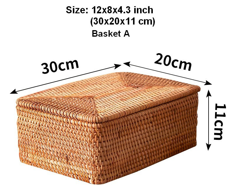 Woven Rattan Baskets, Rectangular Basket with Lid, Rectangular Storage Baskets, Storage Basket for Bedroom, Kitchen Storage Baskets-Grace Painting Crafts
