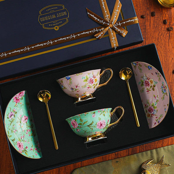 Floral Ceramic Coffee Cup with Saucer Set of 2 Cups, Creative Porcelain Tea Cup Saucer Set, 6.8 oz Tea Cup and Saucer in Gift Box, Beautiful British Tea Cup and Saucer-Grace Painting Crafts