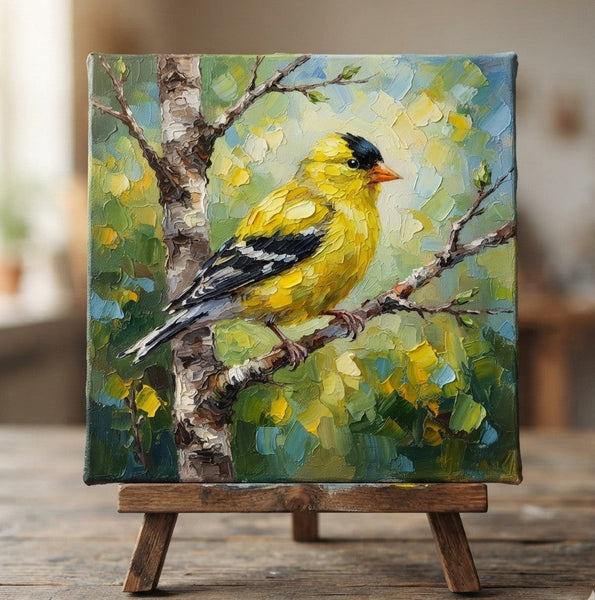 Small Art on Canvas, American Goldfinch Bird Painting, Hand Painted Canvas Art, Heavy Texture Painting, Miniature Wall Art, Original Oil Paintings-Grace Painting Crafts