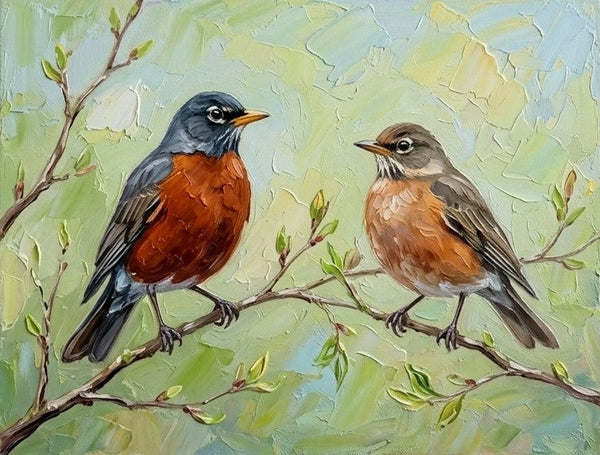 Hand Painted Canvas Art, American Robin Birds Painting, Original Oil Paintings, Love Bird Couple Painting, Small Canvas Paintings, Original Oil Paintings on Canvas-Grace Painting Crafts