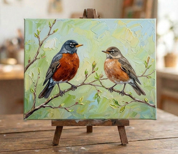 Hand Painted Canvas Art, American Robin Birds Painting, Original Oil Paintings, Love Bird Couple Painting, Small Canvas Paintings, Original Oil Paintings on Canvas-Grace Painting Crafts