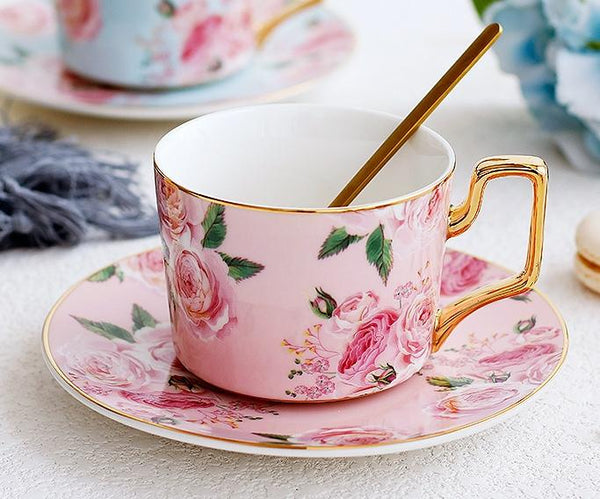Pink Coffee Cups with Gold Trim and Gift Box, Porcelain Coffee Cups, British Tea Cups, Rose Flower Tea Cup and Saucer, Latte Coffee Cups-Grace Painting Crafts