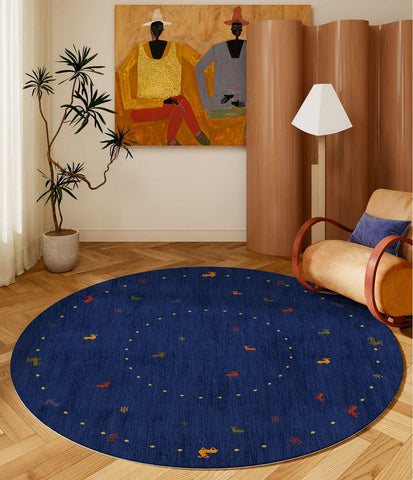 Blue Circular Modern Rugs for Bathroom, Geometric Modern Rug Ideas for Living Room, Modern Rugs for Children's Room, Abstract Contemporary Round Rugs for Dining Room-Grace Painting Crafts