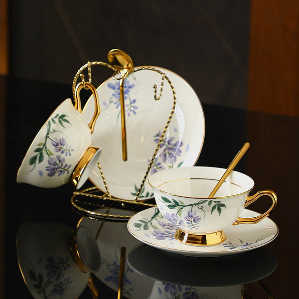 Ceramic Coffee Cup and Saucer, Flower Porcelain Cup and Saucer Set, Beautiful British Flower Tea Cups, Floral Porcelain Tea Cup and Saucer Set