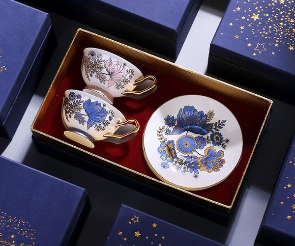 Elegant Ceramic Coffee Cups, Afternoon British Tea Cups, Unique Iris Flower Tea Cups and Saucers in Gift Box, Royal Bone China Porcelain Tea Cup Set-Grace Painting Crafts