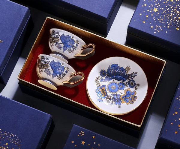 Elegant Ceramic Coffee Cups, Afternoon British Tea Cups, Unique Iris Flower Tea Cups and Saucers in Gift Box, Royal Bone China Porcelain Tea Cup Set-Grace Painting Crafts