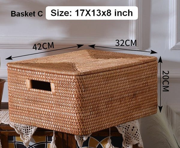 Rattan Rectangular Storage Basket with Lid, Extra Large Storage Baskets for Clothes, Storage Baskets for Bedroom, Woven Storage Baskets for Living Room-Grace Painting Crafts