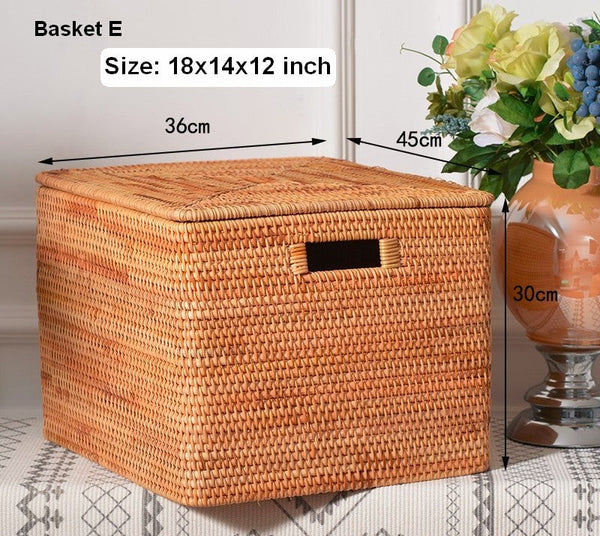 Rectangular Storage Basket with Lid, Woven Rattan Storage Basket for Shelves, Storage Baskets for Bedroom, Pantry Storage Baskets-Grace Painting Crafts