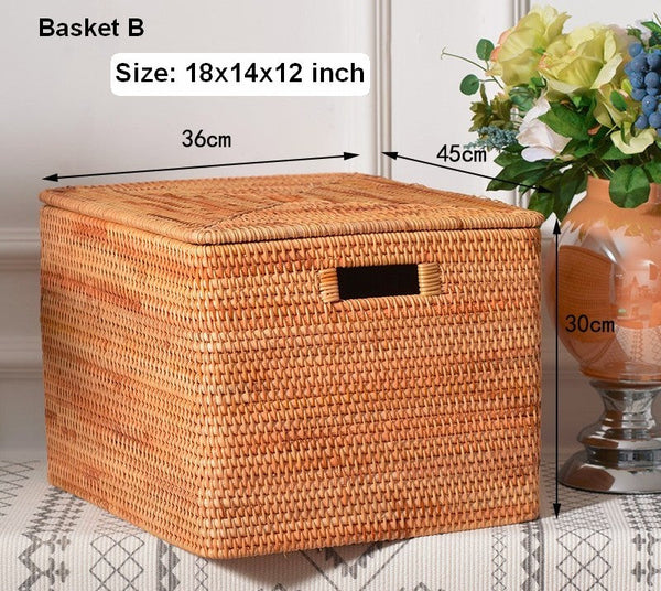Large Rectangular Storage Basket with Lid, Rattan Storage Case, Storage Baskets for Bedroom, Rectangular Woven Storage Baskets for Clothes-Grace Painting Crafts