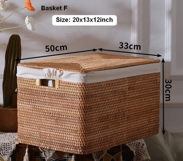 Rectangular Storage Basket with Lid, Woven Rattan Storage Basket for Shelves, Storage Baskets for Bedroom, Pantry Storage Baskets-Grace Painting Crafts