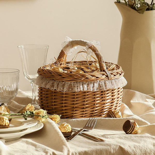 Storage Basket for Kitchen, Picnic Storage Basket with Handle, Hand-woven Wicker Storage Basket, Natural Fruit Basket, Willow Weaving Baskets for Shelves-Grace Painting Crafts