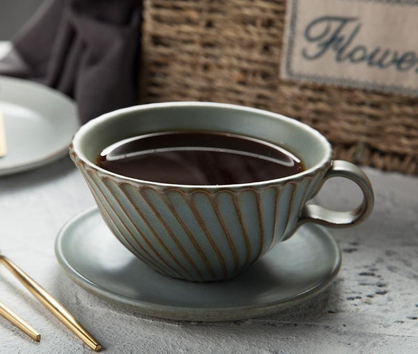 Green Pottery Coffee Cups, Breakfast Milk Cup, Latte Coffee Cup, Ceramic Coffee Cup, Cappuccino Coffee Mug, Coffee Cup and Saucer Set-Grace Painting Crafts