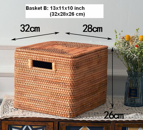Rectangular Storage Basket with Lid, Woven Rattan Storage Basket for Shelves, Storage Baskets for Bedroom, Pantry Storage Baskets-Grace Painting Crafts