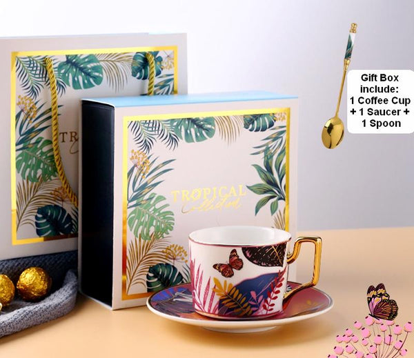 Coffee Cups with Gold Trim and Gift Box, Jungle Leopard Pattern Porcelain Coffee Cups, Tea Cups and Saucers-Grace Painting Crafts