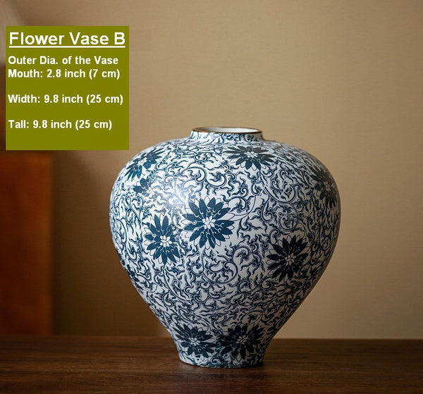 Centerpiece on Dining Table, Large Blue Flower Vase on Table, Vintage Bouquet Flower Vases, Handmade Porcelain Flower Vases Urn, Water Holding Flower Vases-Grace Painting Crafts