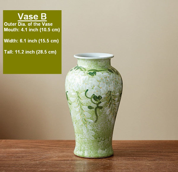 Large Flower Vases on Table, Green Porcelain Flower Vases, Centerpiece Ceramic Bud Vases, Handmade Water Holding Flower Vase-Grace Painting Crafts