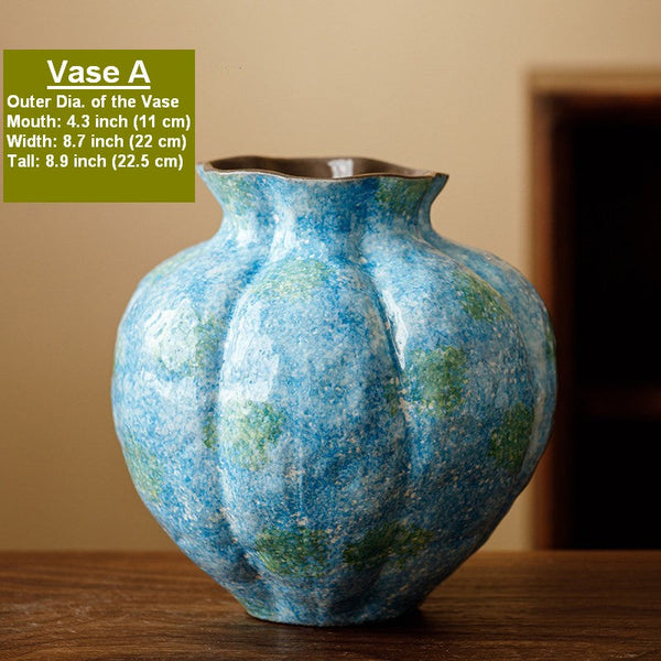 Centerpiece on Dining Table, Blue Flower Vase on Table, Handmade Water Holding Flower Vases, Pottery Flower Vases, Modern Bouquet Flower Vases-Grace Painting Crafts