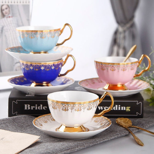 Pink Blue White Porcelain Tea Cup Sucer Set, Unique British Tea Cup and Saucer in Gift Box, Elegant British Ceramic Coffee Cups for Afternoon Tea-Grace Painting Crafts