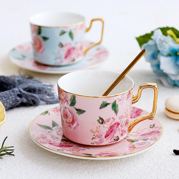 Porcelain Coffee Cups, British Tea Cups, Yellow Coffee Cups with Gold Trim and Gift Box, Rose Flower Tea Cup and Saucer, Latte Coffee Cups-Grace Painting Crafts