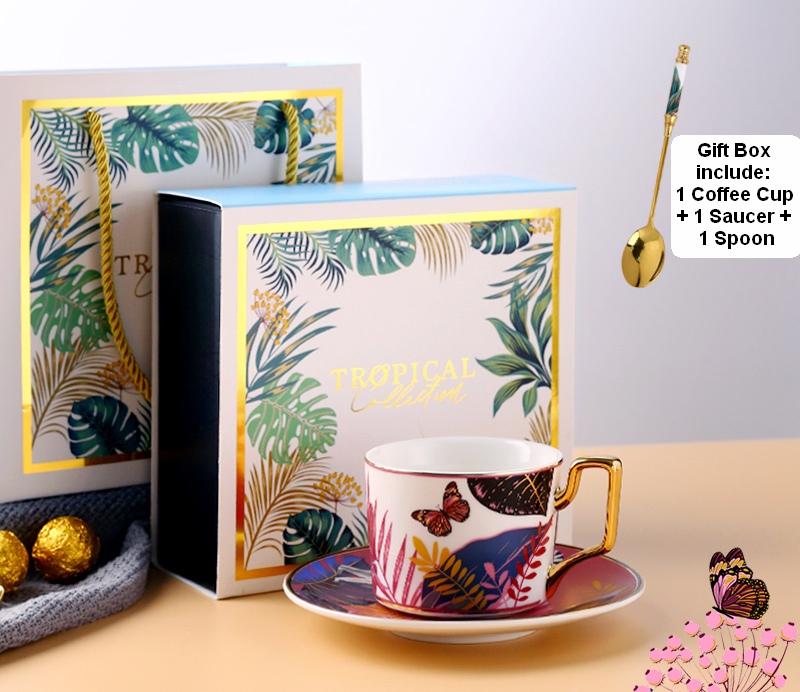 Butterfly Pattern Porcelain Coffee Cups, Coffee Cups with Gold Trim and Gift Box, Tea Cups and Saucers-Grace Painting Crafts