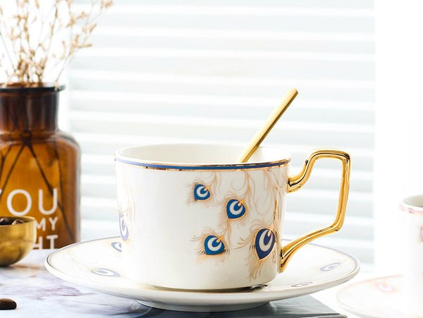 Peacock Tail Pattern Porcelain Coffee Cups, British Tea Cups, Coffee Cups with Gold Trim and Gift Box, Tea Cup and Saucer-Grace Painting Crafts
