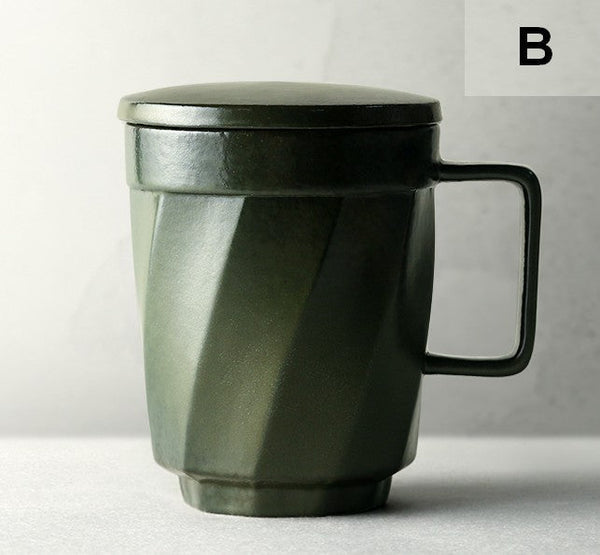 Large Modern Handmade Pottery Coffee Cup, Creative Brown Green Blue Black Ceramic Coffee Mugs, Large Unique Tea Cup, Large Capacity Coffee Mug with Cover-Grace Painting Crafts