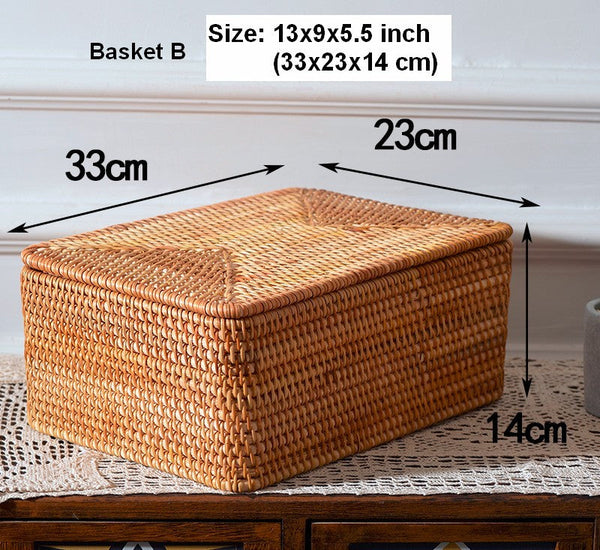 Woven Rattan Baskets, Rectangular Basket with Lid, Rectangular Storage Baskets, Storage Basket for Bedroom, Kitchen Storage Baskets-Grace Painting Crafts