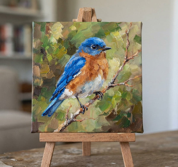 Hand Painted Canvas Art, Blue Bird Painting, Bird Art on Canvas, Miniature Wall Art, Original Small Paintings, Heavy Texture Painting-Grace Painting Crafts