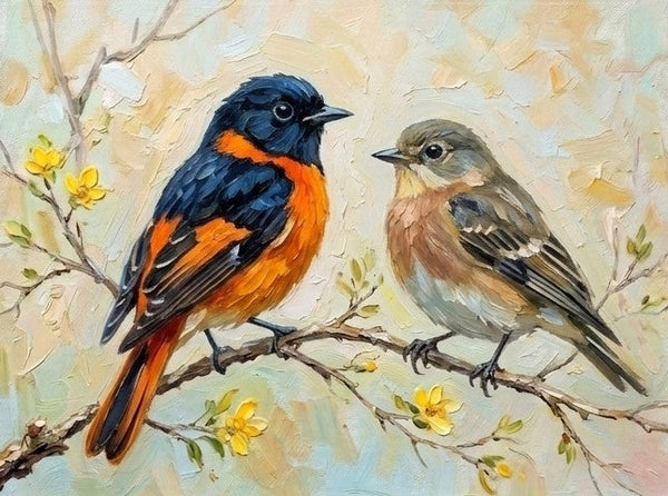 Love Bird Couple Painting, Bullfich Bird Painting, Hand Painted Canvas Art, Original Oil Paintings, Small Canvas Wall Art Paintings, Buy Original Oil Paintings Online-Grace Painting Crafts