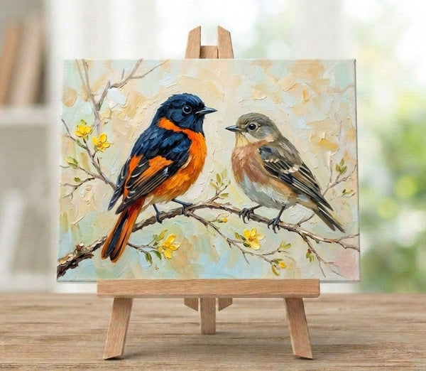 Love Bird Couple Painting, Bullfich Bird Painting, Hand Painted Canvas Art, Original Oil Paintings, Small Canvas Wall Art Paintings, Buy Original Oil Paintings Online-Grace Painting Crafts