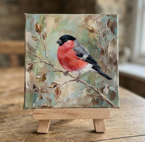 Hand Painted Canvas Art, Bullfich Bird Painting, Small Art on Canvas, Original Oil Paintings, Heavy Texture Painting, Miniature Wall Art-Grace Painting Crafts