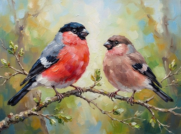 Bullfinch birds Painting, Love Bird Couple Painting, Hand Painted Canvas Art, Original Oil Paintings, Small Canvas Wall Art Paintings, Buy Original Oil Paintings Online-Grace Painting Crafts