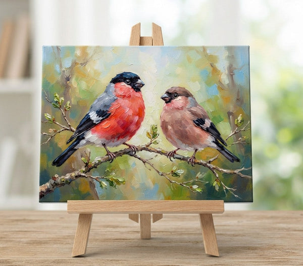 Bullfinch birds Painting, Love Bird Couple Painting, Hand Painted Canvas Art, Original Oil Paintings, Small Canvas Wall Art Paintings, Buy Original Oil Paintings Online-Grace Painting Crafts
