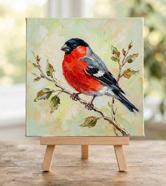 Original Small Paintings, Bullfinch Bird Painting, Heavy Texture Painting, Hand Painted Canvas Art, Bird Art on Canvas, Miniature Wall Art-Grace Painting Crafts