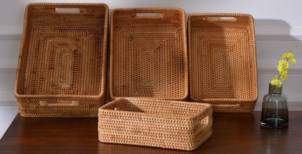 Large Woven Rattan Storage Basket, Rectangular Basket with Handle, Storage Baskets for Living Room-Grace Painting Crafts