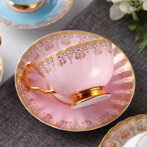 Unique British Tea Cup and Saucer in Gift Box, Pink Blue White Porcelain Tea Cup Saucer Set, Elegant British Ceramic Coffee Cups for Traditional Afternoon Tea-Grace Painting Crafts
