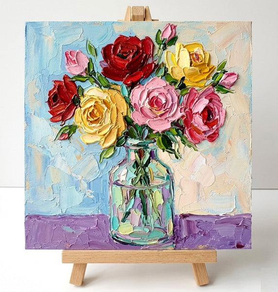 Small Canvas Artwork for Sale, Rose Flowers in Full Bloom, Impasto Heavy Texutre Art, Still Life Painting, Hand Painted Canvas Art, Original Flower Paintings-Grace Painting Crafts