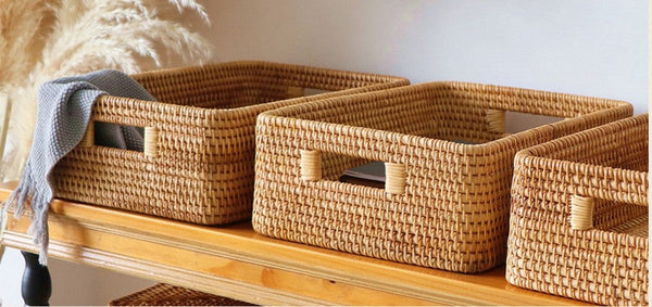 Storage Basket for Shelves, Large Rectangular Storage Baskets, Storage Baskets for Kitchen, Woven Rattan Storage Baskets for Bedroom-Grace Painting Crafts