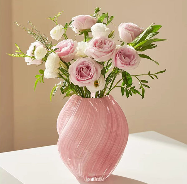 Handmade Contemporary Glass Vases, Mid Century Pink Vases for Flowers, Modern Vases for Living Room, Unique Decorative Glass Vase, Centerpiece Vases on Table-Grace Painting Crafts