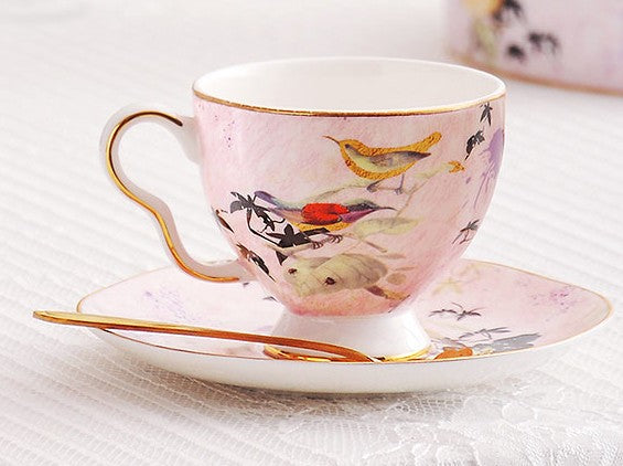 Elegant Pink Ceramic Coffee Cups, Unique Bird Flower Tea Cup and Saucer in Gift Box as Birthday Gift, Beautiful British Tea Cups, Royal Porcelain Tea Cup Set-Grace Painting Crafts