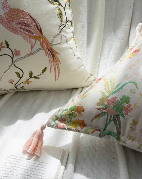Living Room Decorative Pillows, Modern Decorative Cushions, Decorative Pillows for Bed, Decorative Pillow Arrangement Ideas for Interior Design, Embroidered Floral Bird Pattern Pillow Covers-Grace Painting Crafts