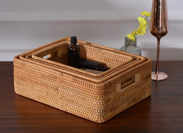 Woven Rectangular Basket with Handle, Rattan Storage Basket for Shelves, Woven Storage Baskets for Bathroom-Grace Painting Crafts