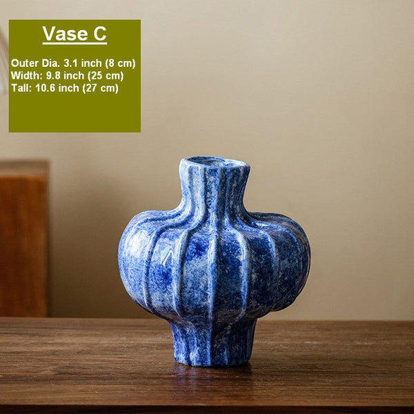 Modern Pottery Flower Vases, Handmade Water Holding Flower Vases, Centerpiece on Dining Table, Blue Ceramic Bud Vases, Tall Flower Vases on Table-Grace Painting Crafts