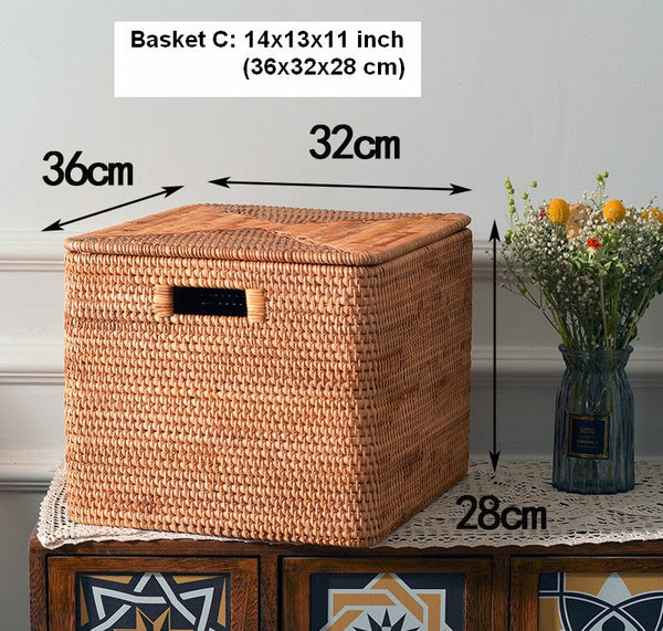 Rectangular Storage Basket with Lid, Woven Rattan Storage Basket for Shelves, Storage Baskets for Bedroom, Pantry Storage Baskets-Grace Painting Crafts